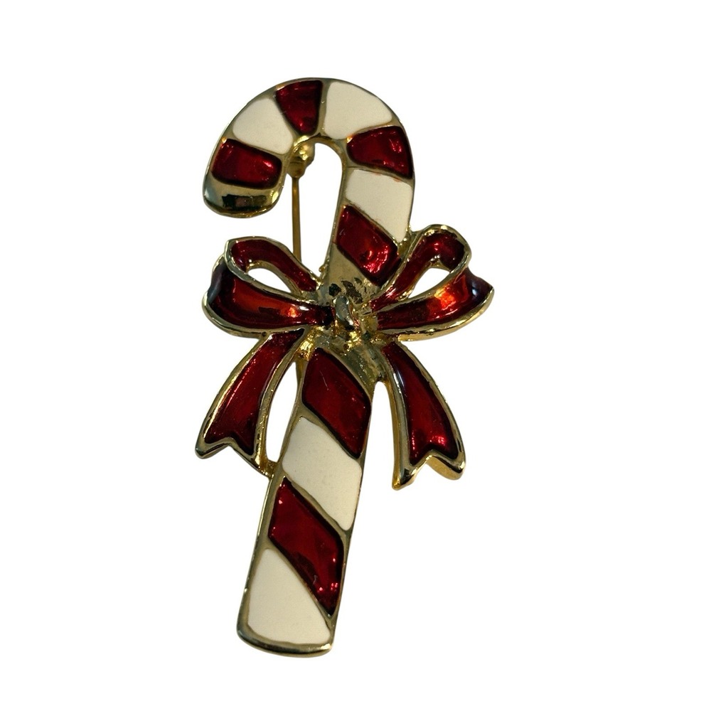 Candy Cane Brooch Pin Christmas Red White Enamel Bow Vintage Gold‎ Tone Jewelry